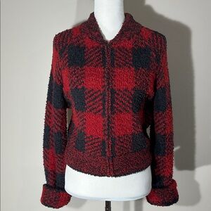 NWT SKIMS Cropped Fleece Jacket Black/Red Sz L/XL